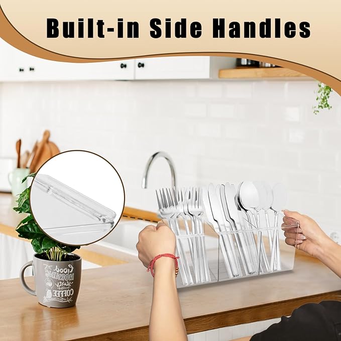 Bawuie Silverware Caddy Organizer, Utensil Caddy Holder for Forks, Knives, Spoons, Cutlery, Flatware Storage Bin with Handle for Kitchen Pantry Table Countertop Outdoor Picnic, Clear-NeatNest
