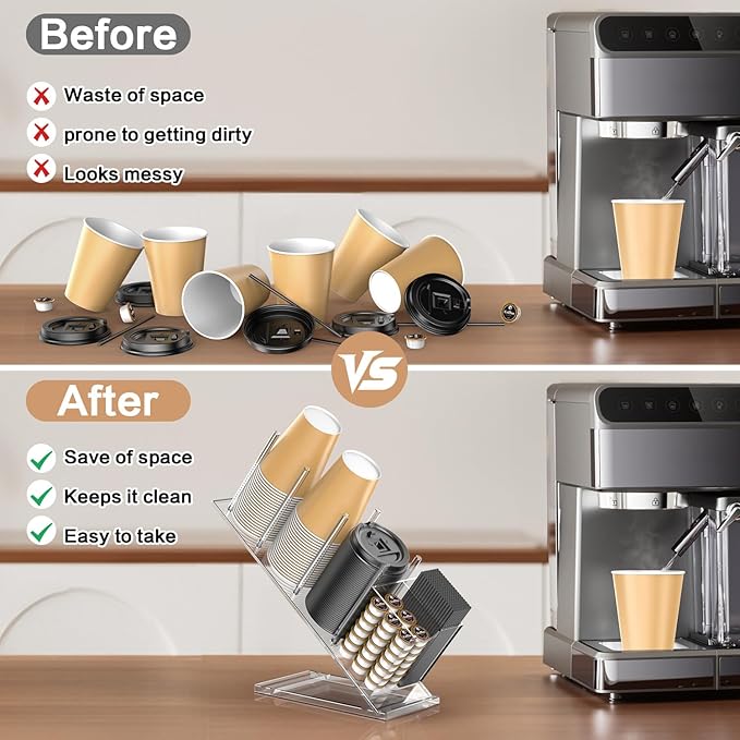 Acrylic Cup and Lid Holder with Straw Organizer, Adjustable Coffee Cup Holder Organizer, 5 Compartment Cup Dispenser for Disposable Paper & Plastic Cups, for Station Home Countertop Bar Breakroom-NeatNest