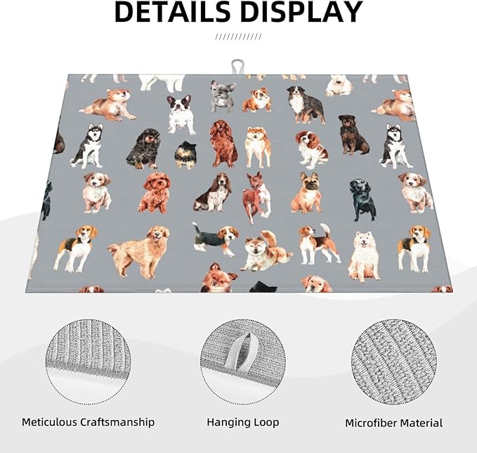 Cute Puppy Dog Dish Drying Mat 18 x 24 Inch for Kitchen Counter Cute Kitchen Mat Microfiber Kitchen Countertop Absorbent Reversible Drainer Rack Pad Dish Drying Mat-NeatNest