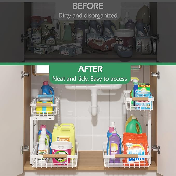 ADRIMER Under Sink Organizer 2 Packs, Pull Out Kitchen Sink Organizer, 2 Tier Slide Out Kitchen Organizers and Storage Bathroom Under Cabinet Storage Shelf, White-NeatNest
