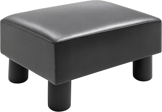 HOMCOM Ottoman Foot Rest, Small Foot Stool with Faux Leather Upholstery, Rectangular Ottoman Footrest with Padded Foam Seat and Plastic Legs, Bright Black