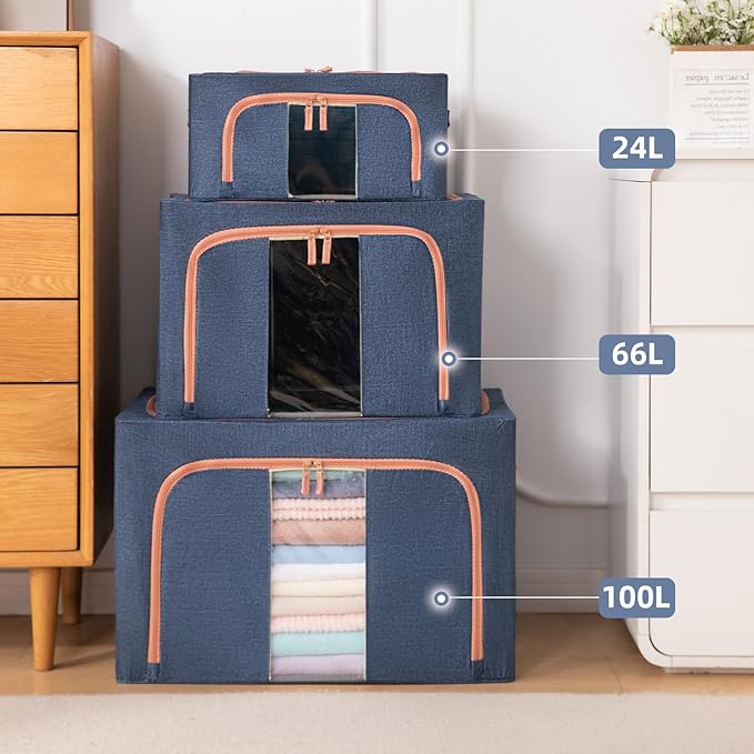 100L Stackable Clothes Storage Bins with Metal Frame Handles & Zipper, Collapsible Closet Organizer Box with Lid for Bedding Blankets Towel (Navy,1 pack)-NeatNest