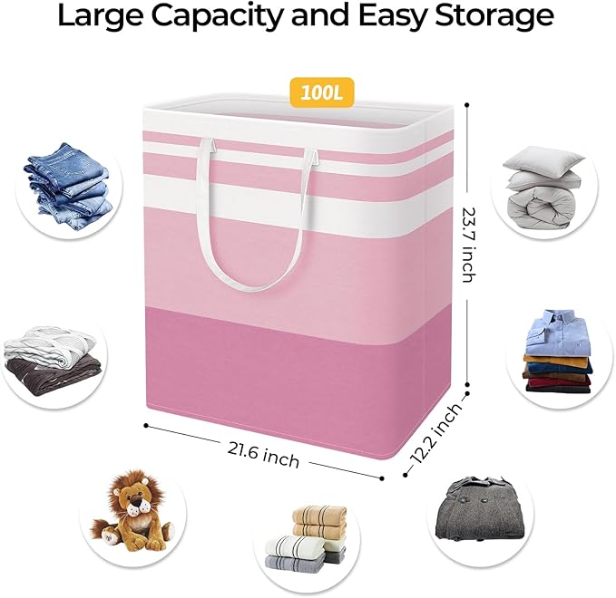 HomeHacks 2 Pack Large Laundry Baskets, Waterproof, Freestanding Laundry Hampers, Collapsible Clothes Hamper with Reinforced Handles in Laundry, College Dorm, Bathroom, Bedroom (Pink, 100Lx2)-NeatNest