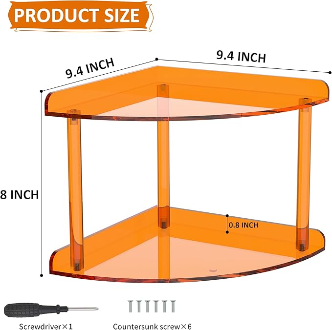 2 Tier Acrylic Corner Shelf Organizer Storage 9.5x9.5x8 Inch, Orange Countertop Corner Shelf for Bathroom, Kitchen, Bedroom, Office, Study Room-NeatNest