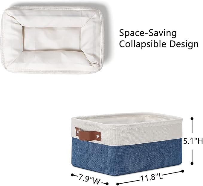 DULLEMELO Small Storage Bin,Small Fabric Rectangular Storage Basket for Shelves,Collapsible Bin for Toy and Clothes Storage (White&Blue,1 Pack)-NeatNest