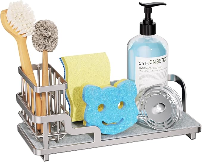 Consumest Sponge Holder for Kitchen Sink - Sink Caddy Organizer with Water Absorbing Stone Tray, Detachable Brush Holder, Stainless Steel Kitchen Counter Organizer Rack, Sand Nickel-NeatNest