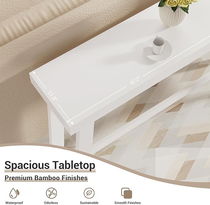 Bamboo Wood Entryway Table 47.2" Console Table, Narrow Sofa Table with Support Beam for Entrance, Hallway, Living Room, Bedroom, Foyer(White)-NeatNest