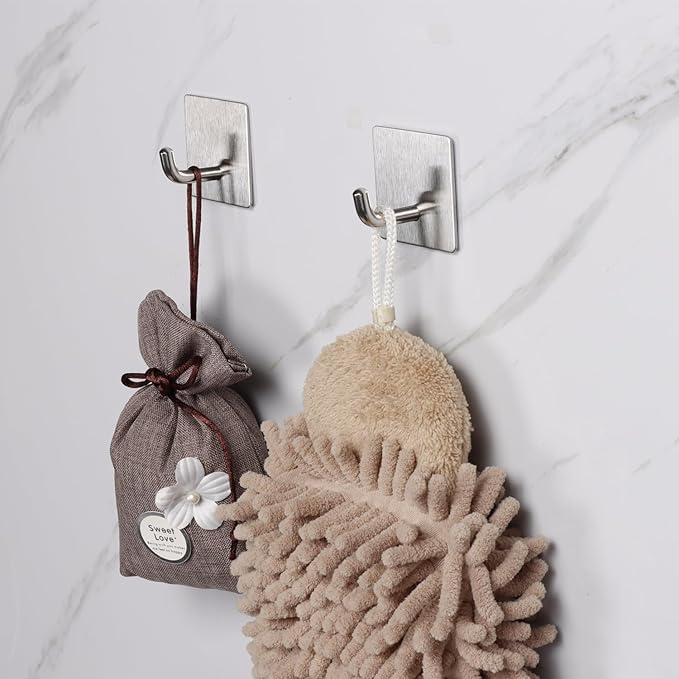 Bath Towel Hooks - 4 Pack Strong Self Adhesive Coat/Clothes Hooks, No Drilling Sticky Hooks, Heavy Duty 304 Stainless Steel Shower Wall Hook for Bathroom Kitchen Bedroom(Brushed Nickel)