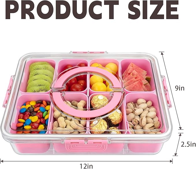 Divided Serving Tray with Lid and Handle, 8 Compartments Snack Box, Portable Platter for Candy Fruits Nuts, Snack Party Entertaining Picnic-NeatNest