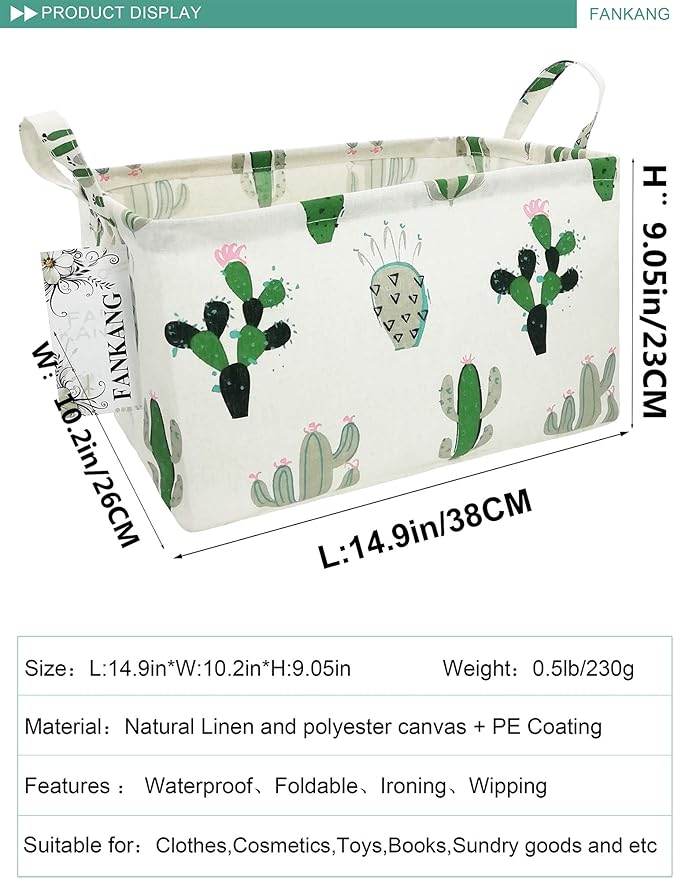 FANKANG Storage Basket,Nursery Hamper Canvas Laundry Basket Foldable with Waterproof PE Coating Storage, Office, Bedroom, Clothes,Toys (L, Rec-Cactus)