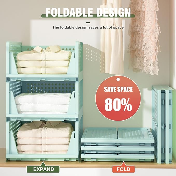 Closet Organizer, 4 Pack Stackable Storage Bins for Closet Shelves, Plastic Storage Drawers Basket Weekly Clothes Organizer for Kids(4L)(Green)