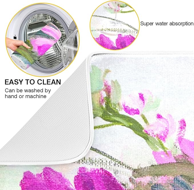Absorbent Dish Drying Mat for Kitchen Counter - Oil Painting Flowers Microfiber Drying Pad, Reversible Drainer Mats for Countertop, Large 18" x 24"