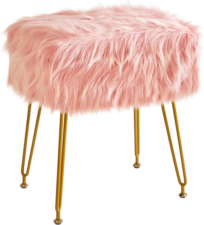 IBUYKE Rectangular Faux Fur Vanity Stool with Storage, Furry Makeup Chair Ottoman, Soft Padded Seat, Round Footrest Footstools with 4 Metal Legs, for Living Room Bedroom Entryway, Pink WBD022P