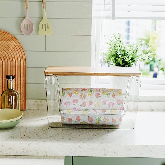 Acrylic Paper Towel Holder with Bamboo Lid, Kitchen Under Sink Organizers and Storage Trash Bag Holder Dispenser