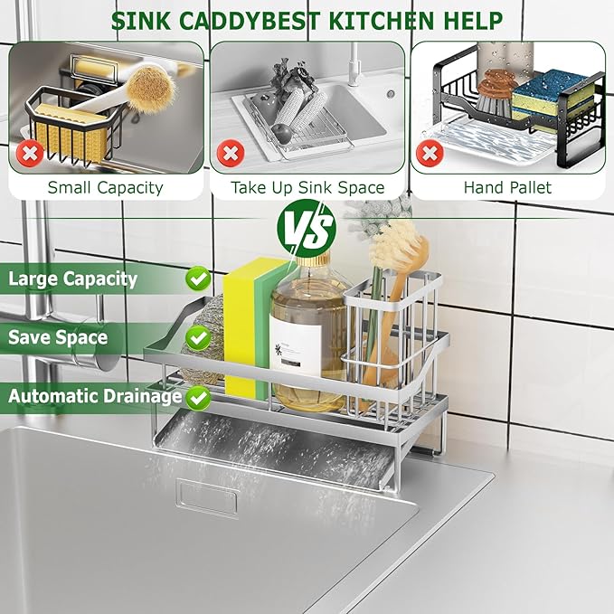 Kitchen Sink Caddy Organzier and Storage Sponge Holder for Sink with High Brush Holder, Rustproof 304 Stainless Kitchen Gadgets Dish Sponge Organizer (Lacquer Silver)-NeatNest