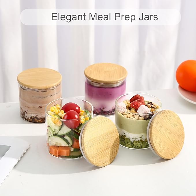 4 Pack Overnight Oats Containers with Bamboo Lids,10 Oz Glass Jars with Airtight Lids for Oats, Cereal, Yogurt, Chia Seed Pudding.Salad Jars Meal Prep