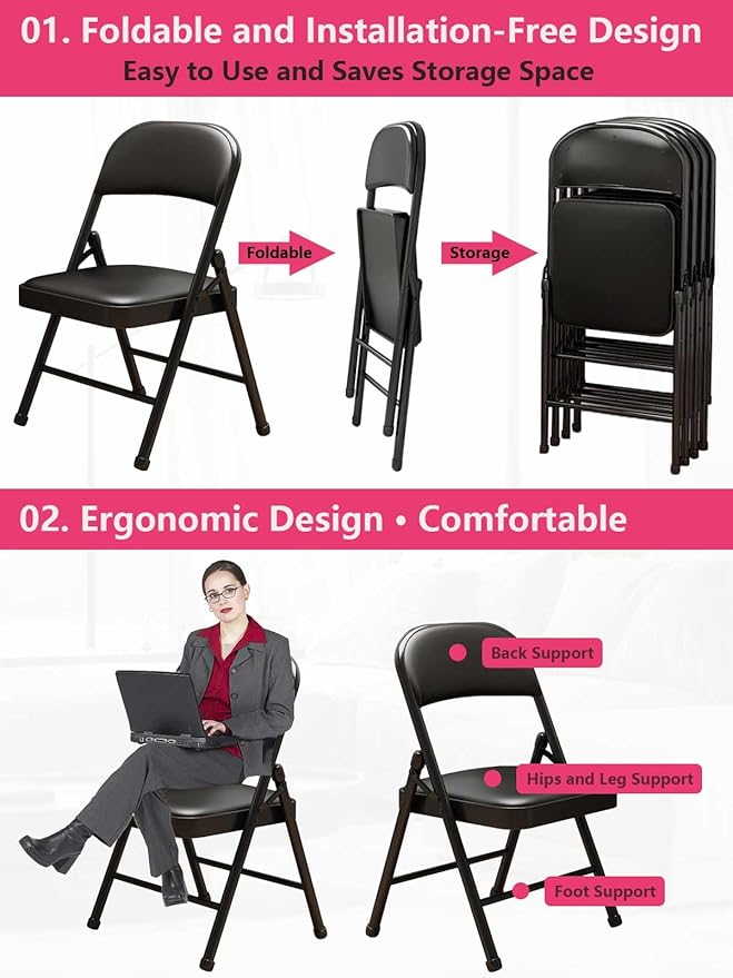 Black Padded Folding Chairs with Cushion 4 Pack, Heavy Duty Steel Metal Frame Foldable Chair for Indoor and Outdoor, Portable Stackable Commercial Seat for Bedroom Patio Party Event-NeatNest