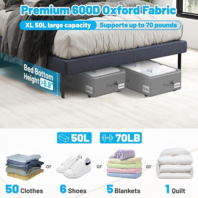 2 Pack Under Bed Storage with Wheels 6.7" Height, Rolling Storage Bins XL 50L, Underbed Shoe Storage Containers with Label & Clear Lid, Dorm Under bed Drawers for Clothes, Shoes, Quick Assembly, Grey-NeatNest