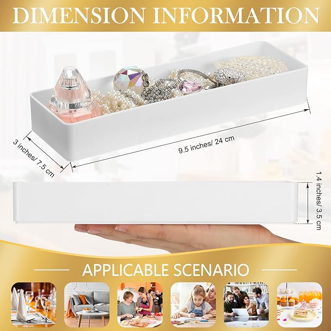 4 Pack Plastic Drawer Organizer 9.5 x 3 x 1.4 Inch Tabletop Organizer Tray Stationery Holder White Half Accessory Tray Stackable Storage Container for Vanity Office Home Utensils Gadgets Shelf Kitchen-NeatNest