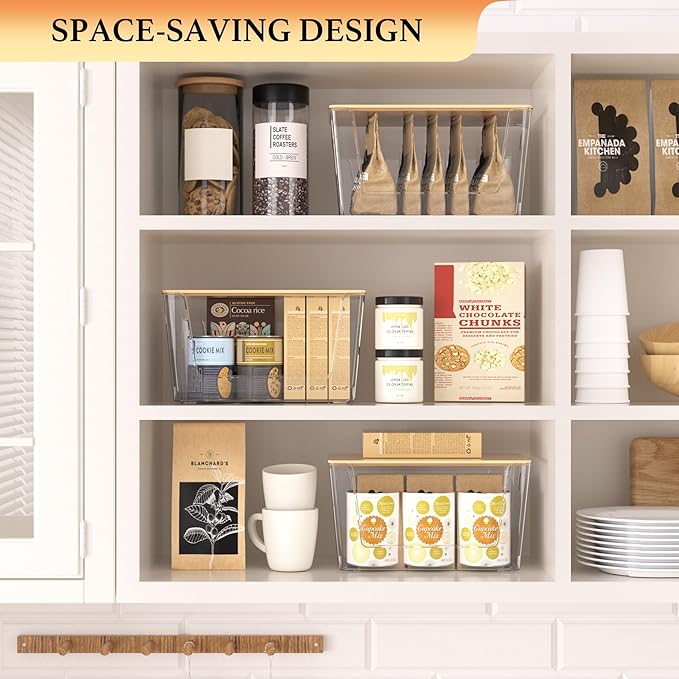 6 Pack Clear Stackable Storage Bins with Bamboo Lids, Plastic Storage Containers with Handle for Pantry, Bathroom, Kitchen, Closet, Cabinet, Fridge Organizer and Storage