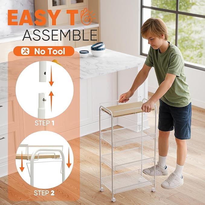 Sekey 4 Tier Rolling Cart Metal, Snap-Together Utility Cart on Wheels, Heavy Duty Storage Cart with Universal Wheels for Baby Nursery, Bathroom, Kitchen, Laundry Room, White
