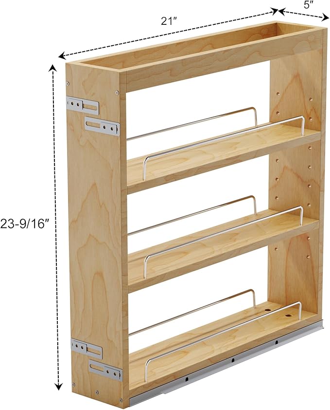 Dowell 5" Base Pull-out Spice Organizer with Adjustable Shelves for Base Kitchen Cabinet, Bottom Mounted Soft Close Slides - 4004 0524 | Soft-Close Wooden Slide Out Spice