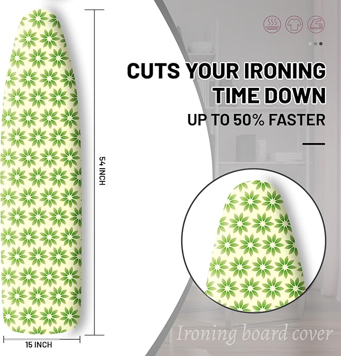 Extra Thick Ironing Board Cover and Pad, Spring Flower 15x54 Ironing Board Cover, Resist Scorching and Staining,Elastic Edges,Green
