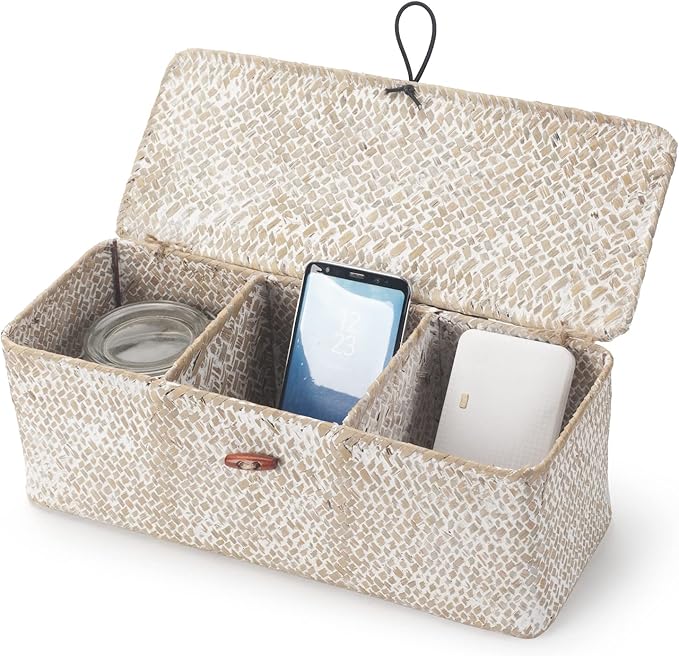3 Section Seagrass Storage Basket, Handmade Shelf Baskets with Lid for Bathroom/Closet/Livingroom