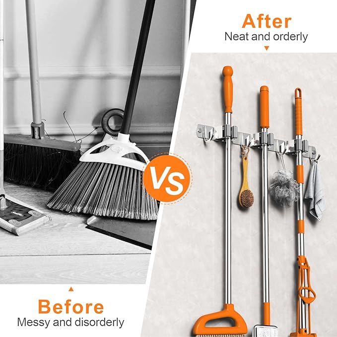 2 Pack Mop and Broom Holder Wall Mount, Non-slip Broom Hanger, Heavy Duty Mop Broom Organizer for Kitchen Garden Garage Laundry Room Wall Decor Organization and Storage Silver 3R4H-NeatNest