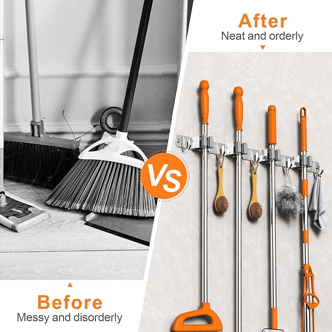 Mop and Broom Holder Wall Mount, Upgraded Broom Organizer Wall Mount, Stainless Steel Broom Hanger Wall Mount for Home Kitchen Garden Laundry Garage (4 Racks with 5 Hooks Silver)-NeatNest