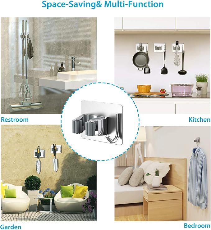 Mop Broom Holder No Drill, Mop Broom Organizer Wall Mounted Heavy Duty with Hooks Hanger, Self Adhesive Stainless Steel 4Pcs for Bathroom, Kitchen, Office (Grey)-NeatNest