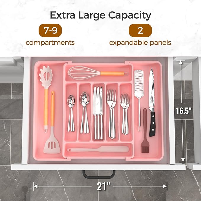 Extra Large Expandable Silverware Organizer, BPA-Free Food-Safe Cutlery Flatware Organizer, Kitchen Utensil Drawer Organizer, Adjustable Silverware Holder for Spoons Forks Knives, Pink-NeatNest