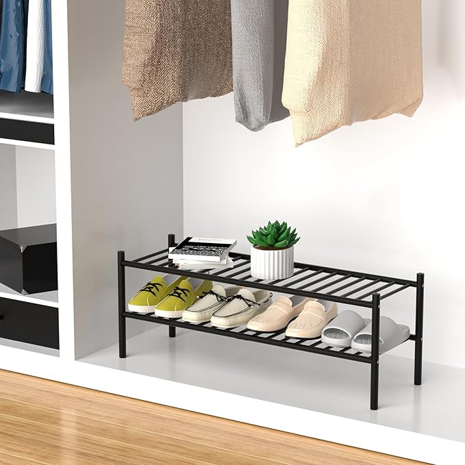 2-Tier Bamboo Long Shoe Rack, Free Standing Wood Shoe Shelf Storage Organizer for Closet Entryway Stackable 35"x11"x13" (Black)-NeatNest