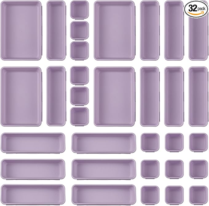 32 Pcs Desk Drawer Organizer Office Organization Tray Versatile Vanity Organizer with Nonslip Pads Makeup for Divider Drawer Storage Box Container for Kitchen Bedroom(Purple)