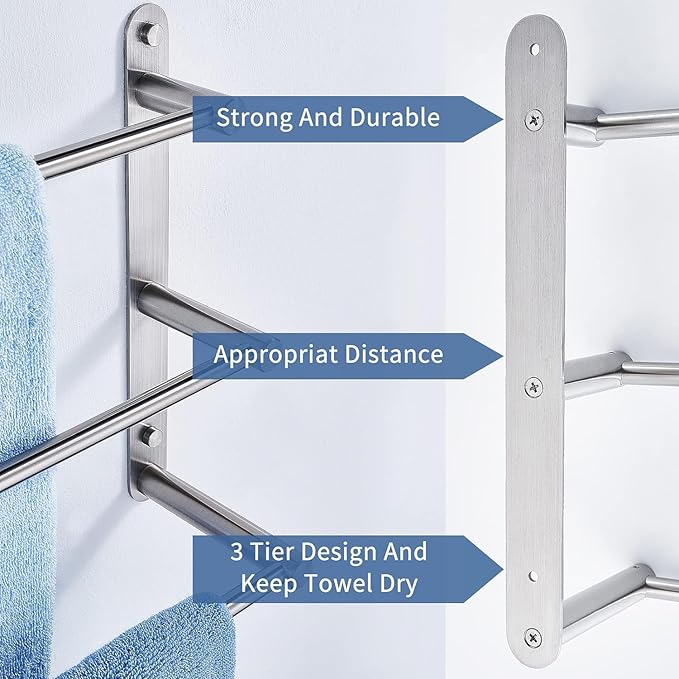 Bath Towel Bar 3-Tiers with Hook 24-Inch 304 Stainless Steel Wall Towel Rack for Bathroom Wall Mounted Towels Shelves,Towel Ladder Holder Brushed Finished (Silver 2)