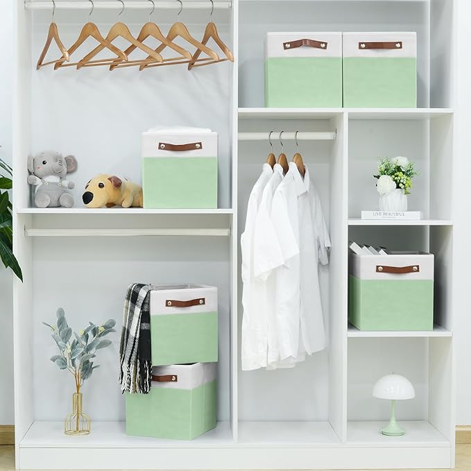 6-Pack Collapsible Fabric Storage Cubes with Handles & Label Holders, Closet Cube Home Organizer Bins (White/Sage Green, 10.5*10.5*11 inch)