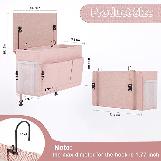 Dual-purpose Bedside Caddy Bedside Organizer, Bed Caddy with 6 Pockets, Versatile Bedside Storage Solution Magazine Remotes holder, ideal for Home, Dorm, Hospital, Crib Bed (Pink 2pcs)-NeatNest
