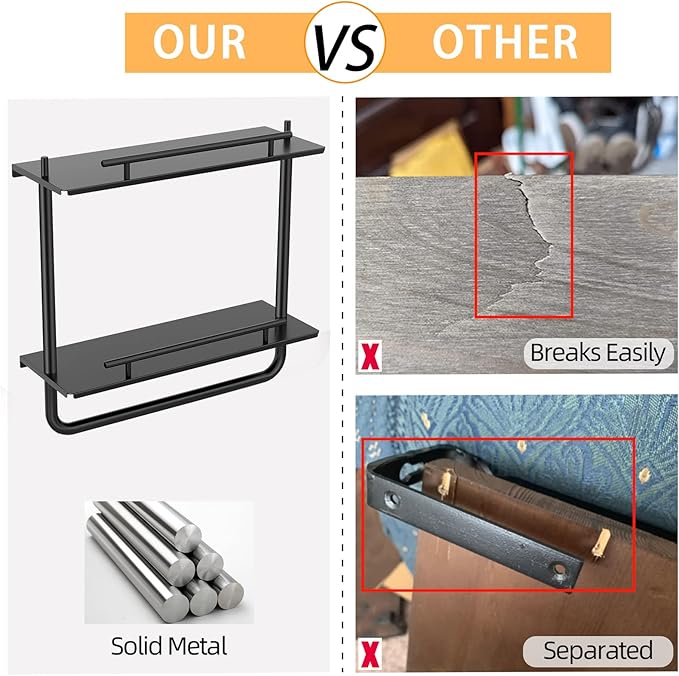 Floating Shelves, 2 Tier Wall Mounted Metal Floating Shelves Black with Frame and Towel Rack for Bathroom, Living Room, Bedroom, Kitchen
