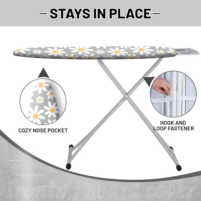 Extra Thick Ironing Board Cover and Pad, 15x54 Ironing Board Cover, Resist Scorching and Staining,Elastic Edges,Grey White Daisy Spring Summmer Flowers