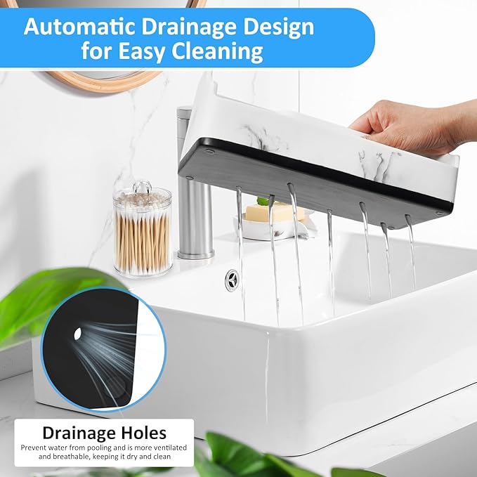 Marble Toothbrush Holder for Bathroom Organizer Countertop, Toothbrush Organizer with Qtip Holder Dispenser, White Toothbrush and Toothpaste Holder for Bathroom Counter Organization Storage Vanity
