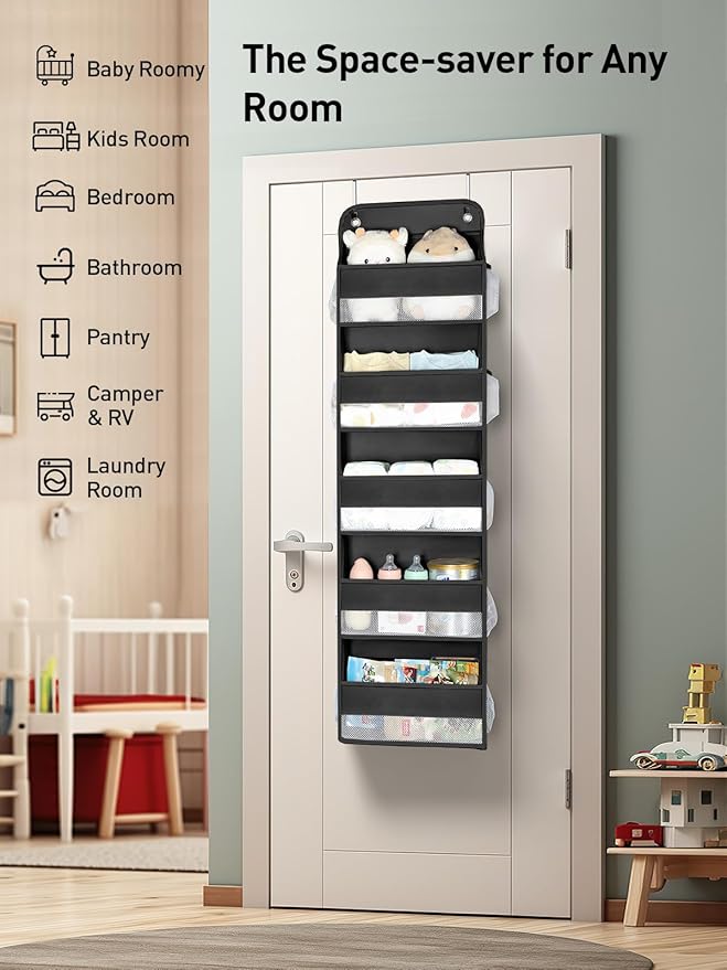 Yecaye 2 Pc Over the Door Organizer with 5 Bins 10 Side Pockets, 44lbs Load Hanging Bathroom and Bedroom Organizer, behind the Door Hanging Organizers for Nursery Newborn Baby Essential Stuff Black-NeatNest