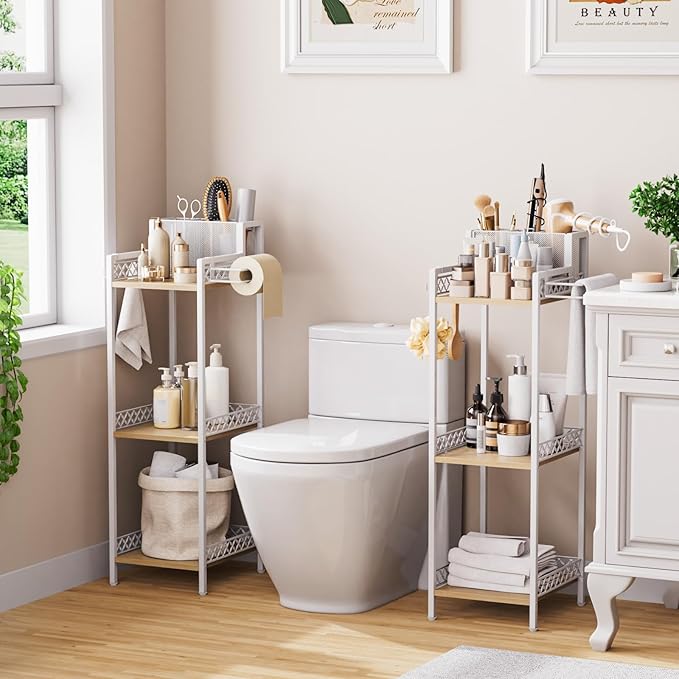 Bathroom Storage shelvesHair Dryer Holder 9.85in White, 3-Tier Narrow Metal Standing Rack with Toilet Paper Holder Cabinet, Multifunctional Corner Unit Stand for Cosmetic Curling Irons Tower-NeatNest