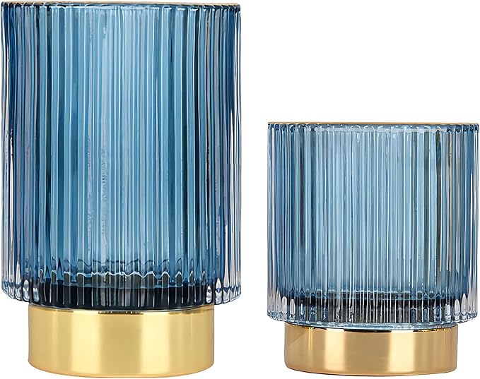 DASITON Makeup Brush holder Organizer,Crystal Cosmetic Makeup Brush Glass Brushes Storage Holder, Vintage Make Up Brush Cup Pen Pencil Holder striped vase(Blue S+L)-NeatNest