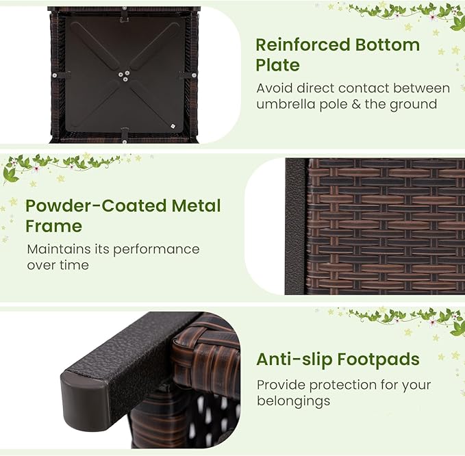 Patio Side Table with Umbrella Hole, 22" Rattan Wicker Umbrella Stand Table, Outdoor End Table for Patio, Garden, Poolside & Yard (Mix Brown)