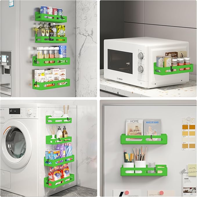 4 Pack Magnetic Spice Rack for Refrigerator, Spice Rack Organizer, Moveable Magnetic Shelf Fridge Organizer with 4 Hooks for Kitchen and Oven Organization, Green