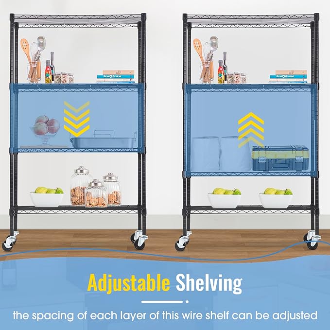 4-Tier Adjustable Shelf Shelving Unit Shelves Shelf Heavy Duty Storage Steel Organizer Wire Rack (1400 lbs Loading Capacity) with Wheels Multi-Function Easy Assembly,Black