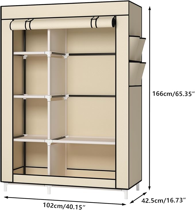 Calmootey Portable Closet Organizers, Clothing Storage, Wardrobe with 6 Shelves and Hanging Rod, Non-Woven Fabric Cover with 4 Side Pockets, Beige-NeatNest
