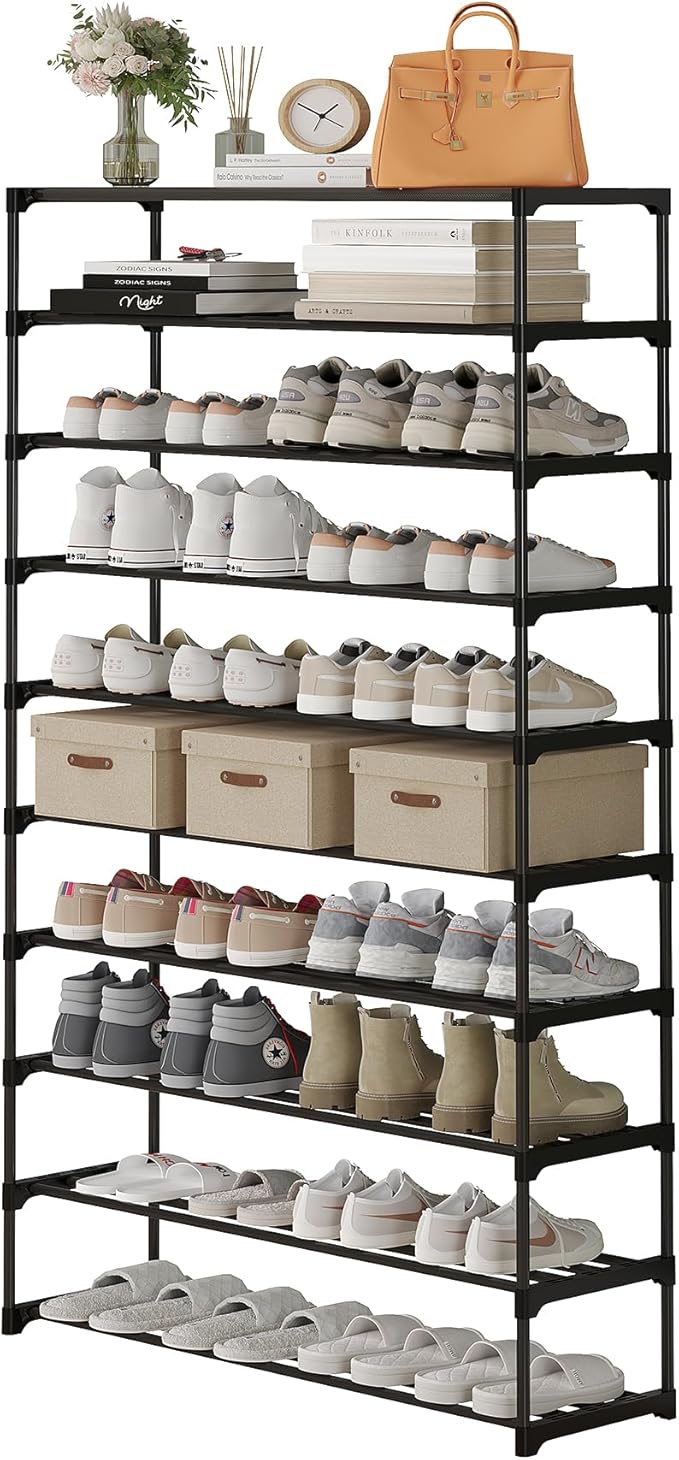 Calmootey 10-Tier Shoe Rack, Tall Large Capacity 50 Pairs Shoes Storage Organizer, Stackable Wide Shoe Shelf for Entryway, Hallway, Black-NeatNest