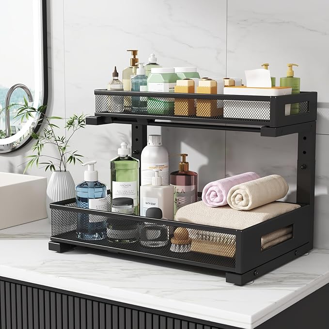 2 Pack 17IN Depth Under Sink Storage Organizer, Large 2-Tier Elegant Mesh Pull Out Shelf for Kitchen and Bathroom Cabinet Organization, L-Shaped and Adjustable Height Design-Black-NeatNest