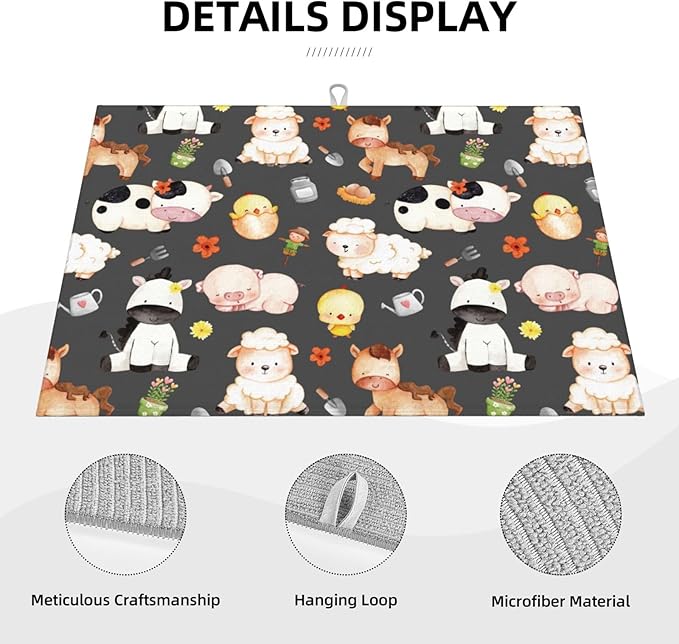 Farm Animal Dish Drying Mat 18 x 24 Inch for Kitchen Counter Cute Kitchen Mat Microfiber Kitchen Countertop Absorbent Reversible Drainer Rack Pad Dish Drying Mat